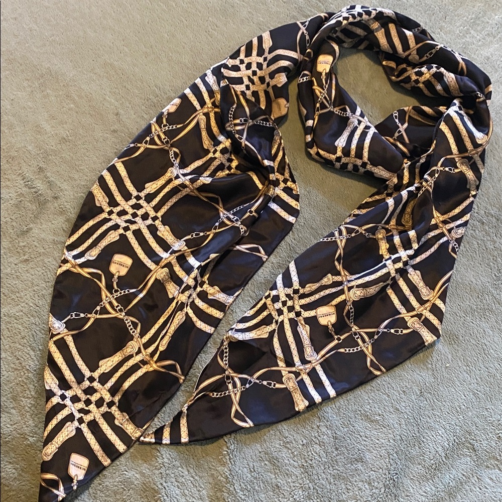 🖤🤎Luxurious Vintage 1856 Burberry Black Silk Scarf with Chain and Strap Motif🖤🤎